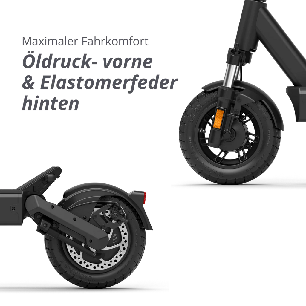VMAX New VX4 E-Scooter mit vorderer Öldruckfeder und hinterer Elastomerfeder – komfortables Elektro-Scooter Modell bei escoomo in Berlin