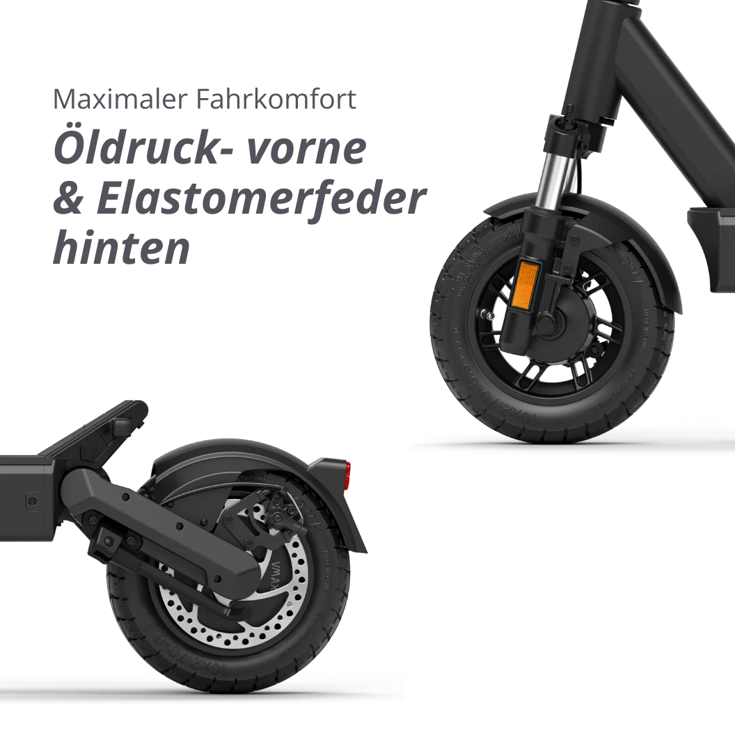 VMAX New VX4 E-Scooter mit vorderer Öldruckfeder und hinterer Elastomerfeder – komfortables Elektro-Scooter Modell bei escoomo in Berlin