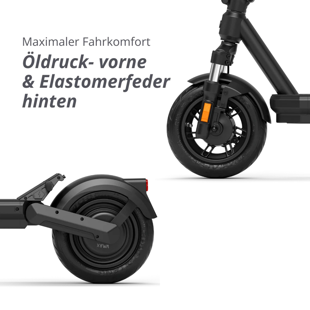 VMAX VX2 Gear E-Scooter mit vorderer Öldruckfeder und hinterer Elastomerfeder – komfortables Elektro-Scooter Modell bei escoomo in Berlin