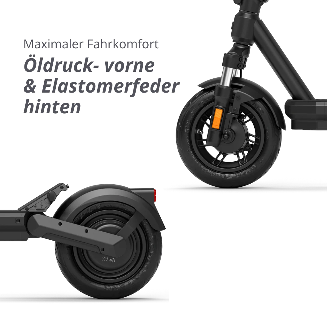VMAX VX2 Gear E-Scooter mit vorderer Öldruckfeder und hinterer Elastomerfeder – komfortables Elektro-Scooter Modell bei escoomo in Berlin