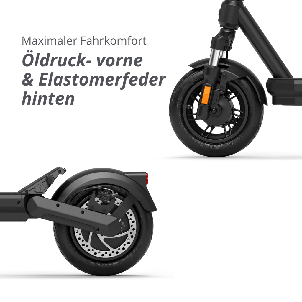 VMAX VX2 Hub E-Scooter mit vorderer Öldruckfeder und hinterer Elastomerfeder – komfortables Elektro-Scooter Modell bei escoomo in Berlin