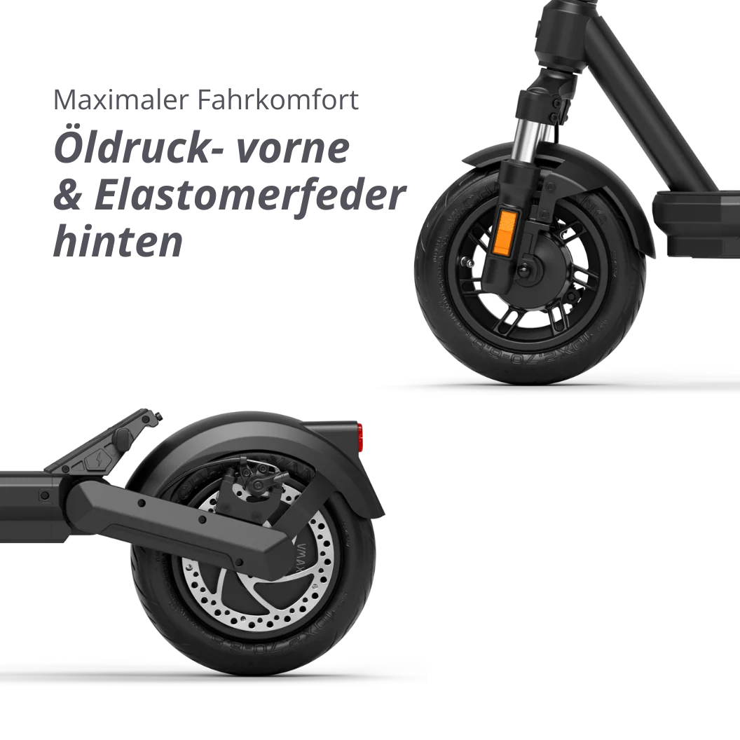 VMAX VX2 Hub E-Scooter mit vorderer Öldruckfeder und hinterer Elastomerfeder – komfortables Elektro-Scooter Modell bei escoomo in Berlin
